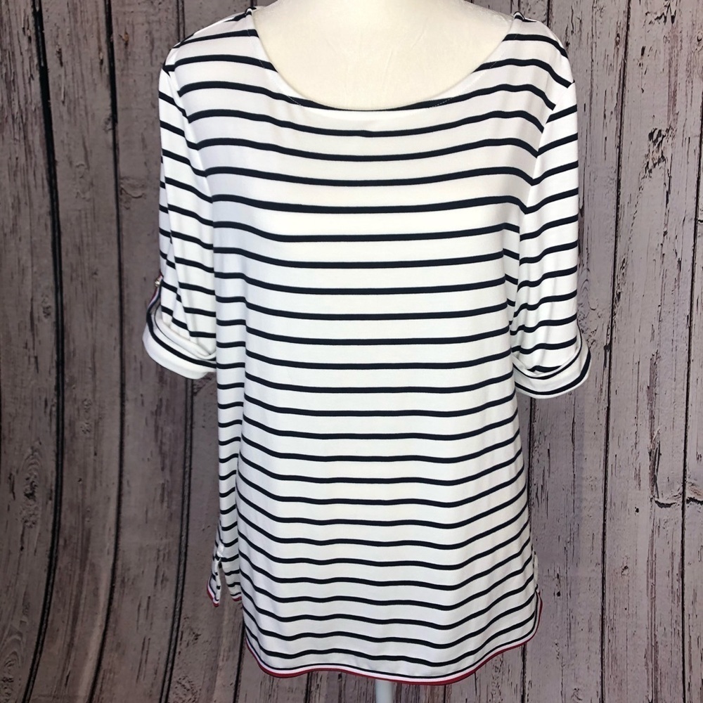 Tommy Hilfiger Striped Pullover Shirt Women’s Large White Navy Striped SOFT!‎